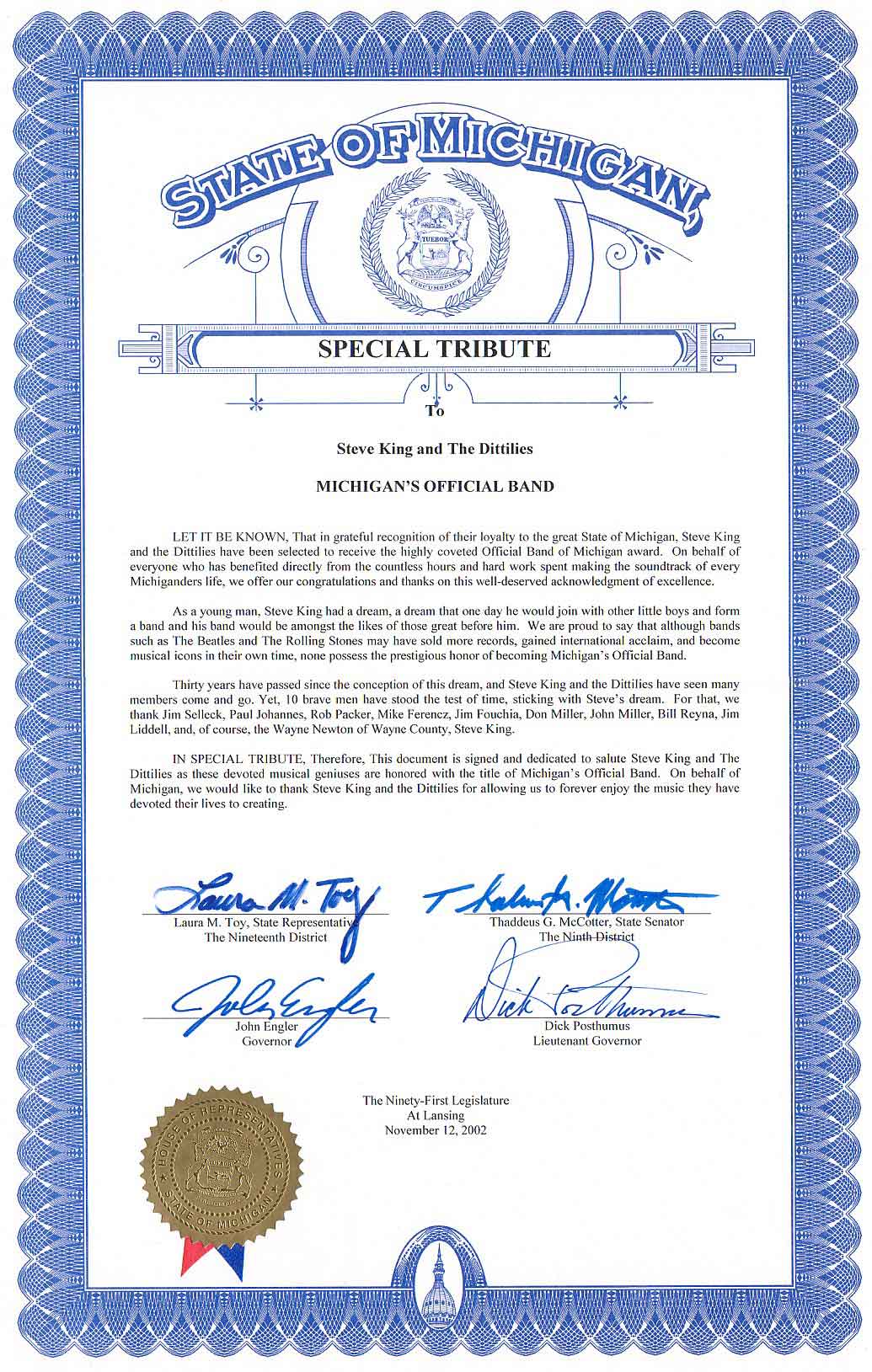 Proclamation by Michigan Legislature